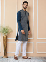Dark Blue Thread & Sequins Worked Pure Cotton Straight Kurta with Pyjama