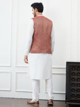 Men Burgundy Color Woven Design Jacqurd Nehru Jacket