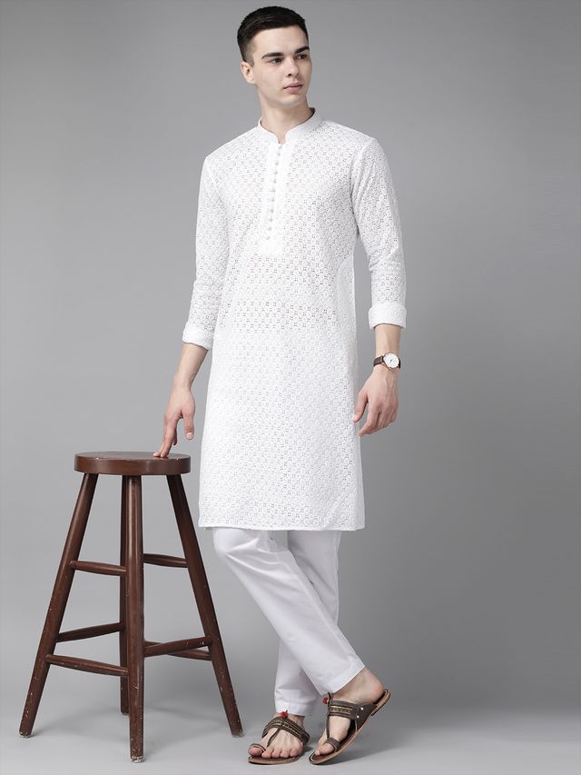 Men White Embroidered Chikankari Pure Cotton Straight Kurta With Pyjama