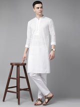 Men White Embroidered Chikankari Pure Cotton Straight Kurta With Pyjama