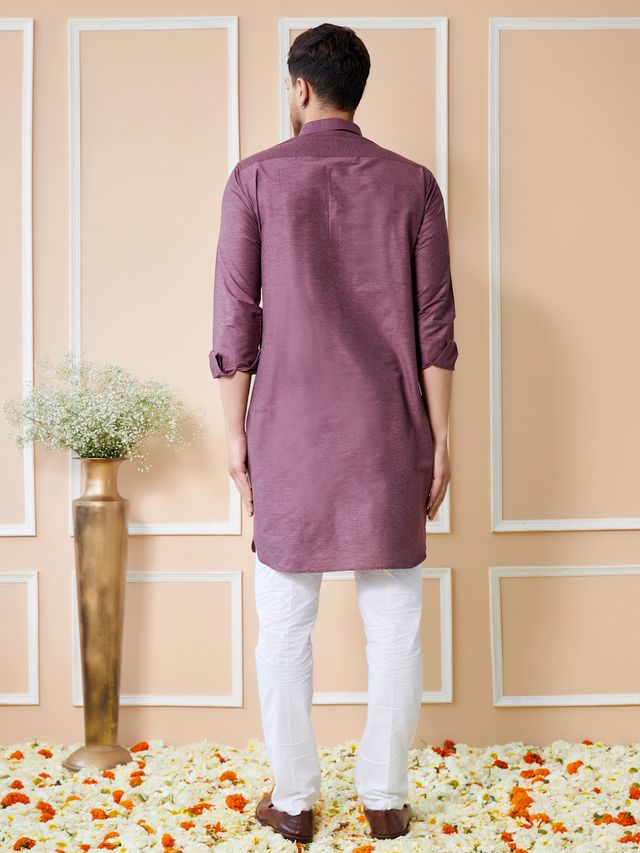 Men Purple Cotton Solid Pathani Kurta