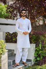 Men White Chikankari Embroidered Straight Kurta