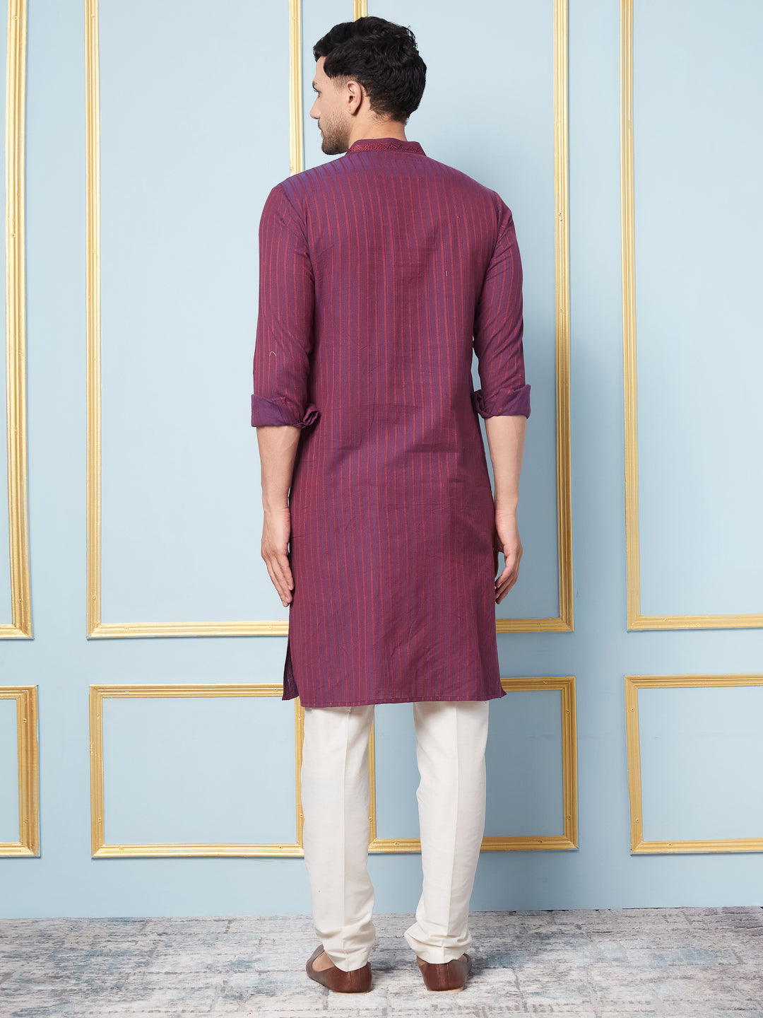 Riwaat.com Men Burgundy & Red Thread Work Embroidery Cotton Silk Kurta Riwaat Embroidered