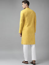 Men Yellow Cotton Straight Kurta with Slub Effect