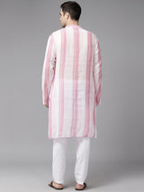 Men White & Pink Bliss Pure Cotton Printed Straight Kurta With Pajama