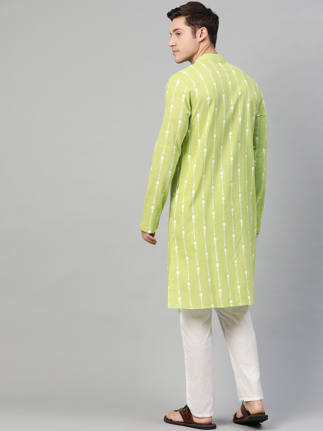 Riwaat.com Men Lime Green & White Printed Straight Kurta Riwaat Bundi Mehendi Printed