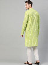 Riwaat.com Men Lime Green & White Printed Straight Kurta Riwaat Bundi Mehendi Printed