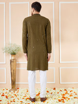 Men Olive Floral Embroidered Sequins Rayon Kurta Set