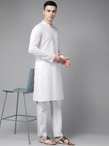 Men White Pure Cotton Chikankari Embroidered Straight Kurta With Pyjama