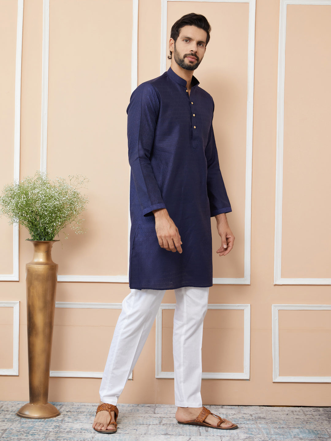 Indigo Ethnic Motifs Silk Jacquard Woven Design Straight Kurta with Pyjama