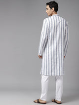 Men White with Navy Blue Vertical Pattern Pure Cotton Embroidered Straight Kurta With Pajama