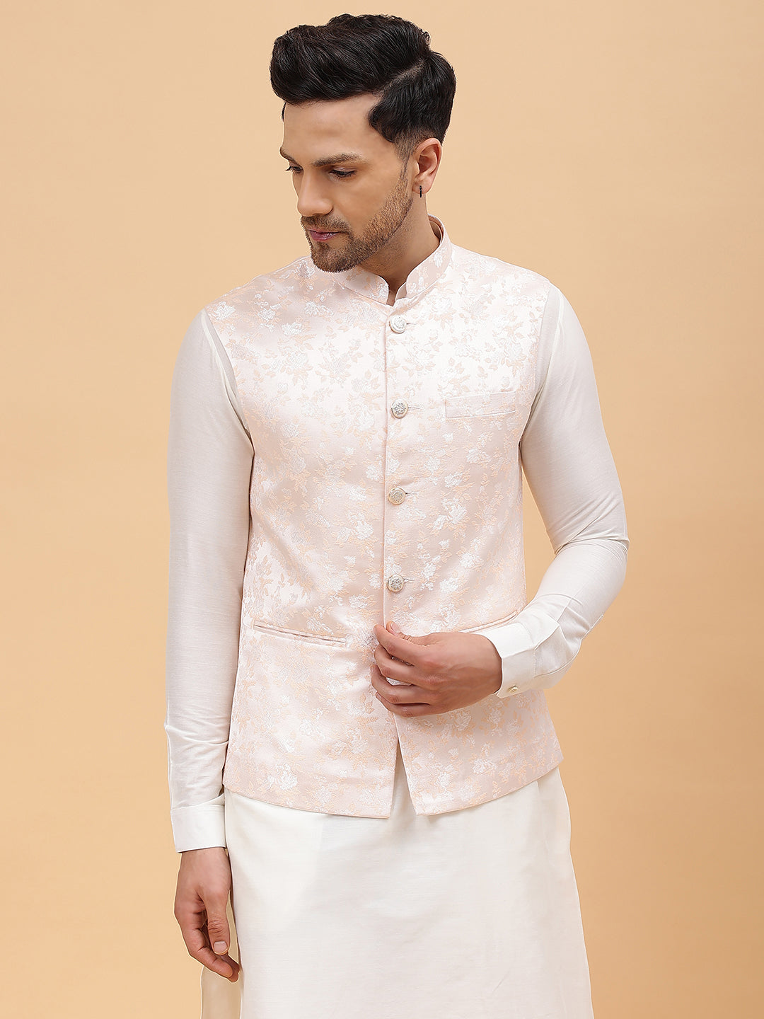 Men Peach Woven Design Jacquard Nehru Jacket