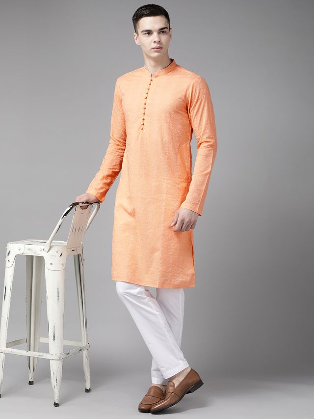 Men Peach Pure Cotton Chikankari Embroidered Straight Kurta With Pyjama
