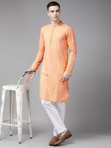 Men Peach Pure Cotton Chikankari Embroidered Straight Kurta With Pyjama