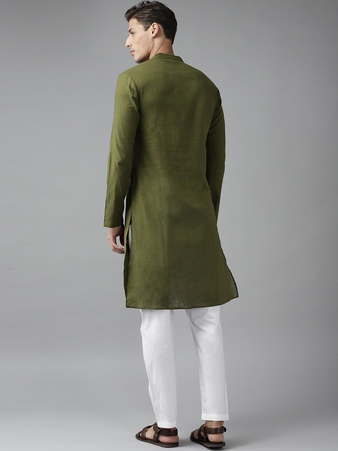 Men Olive Green Cotton Straight Kurta with Slub Effect