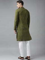 Men Olive Green Cotton Straight Kurta with Slub Effect