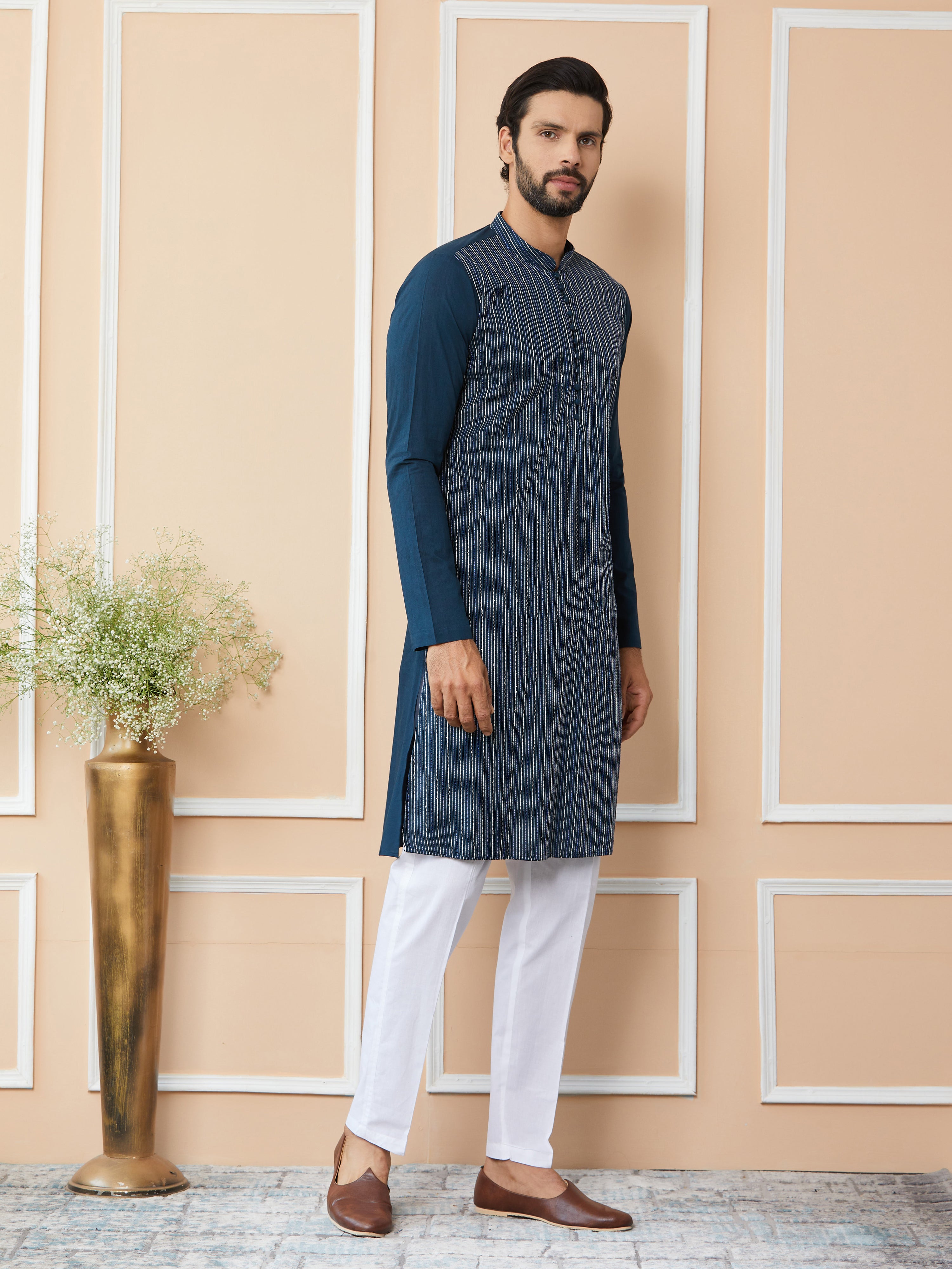 Dark Blue Thread & Sequins Worked Pure Cotton Straight Kurta with Pyjama