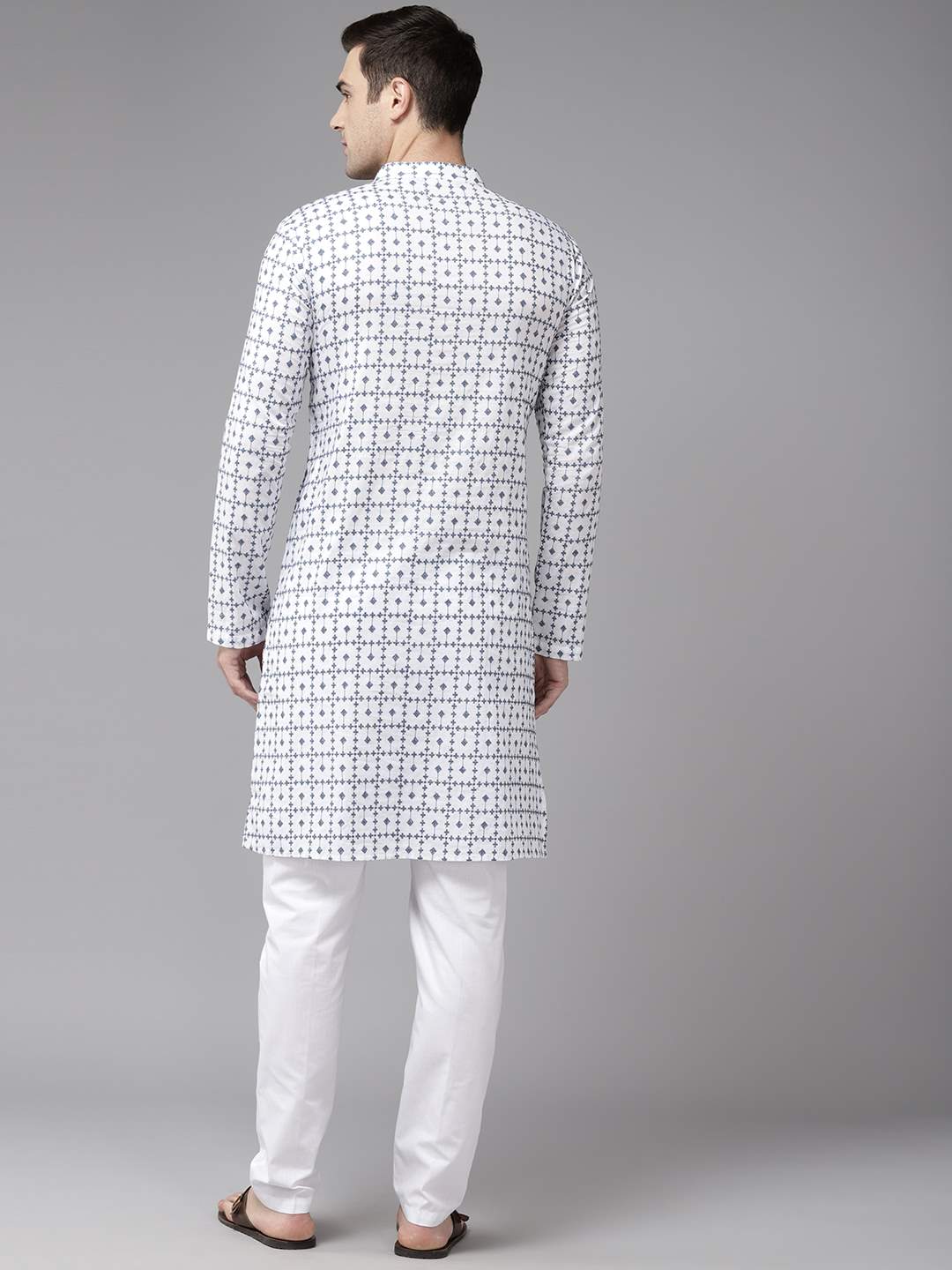 Men Ivory White with Indigo Blue Pattern Pure Cotton Embroidered Straight Kurta With Pajama