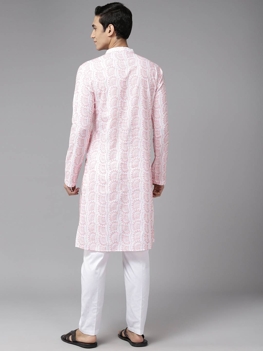 Men White with Pink Pattern Pure Cotton Embroidered Straight Kurta With Pajama