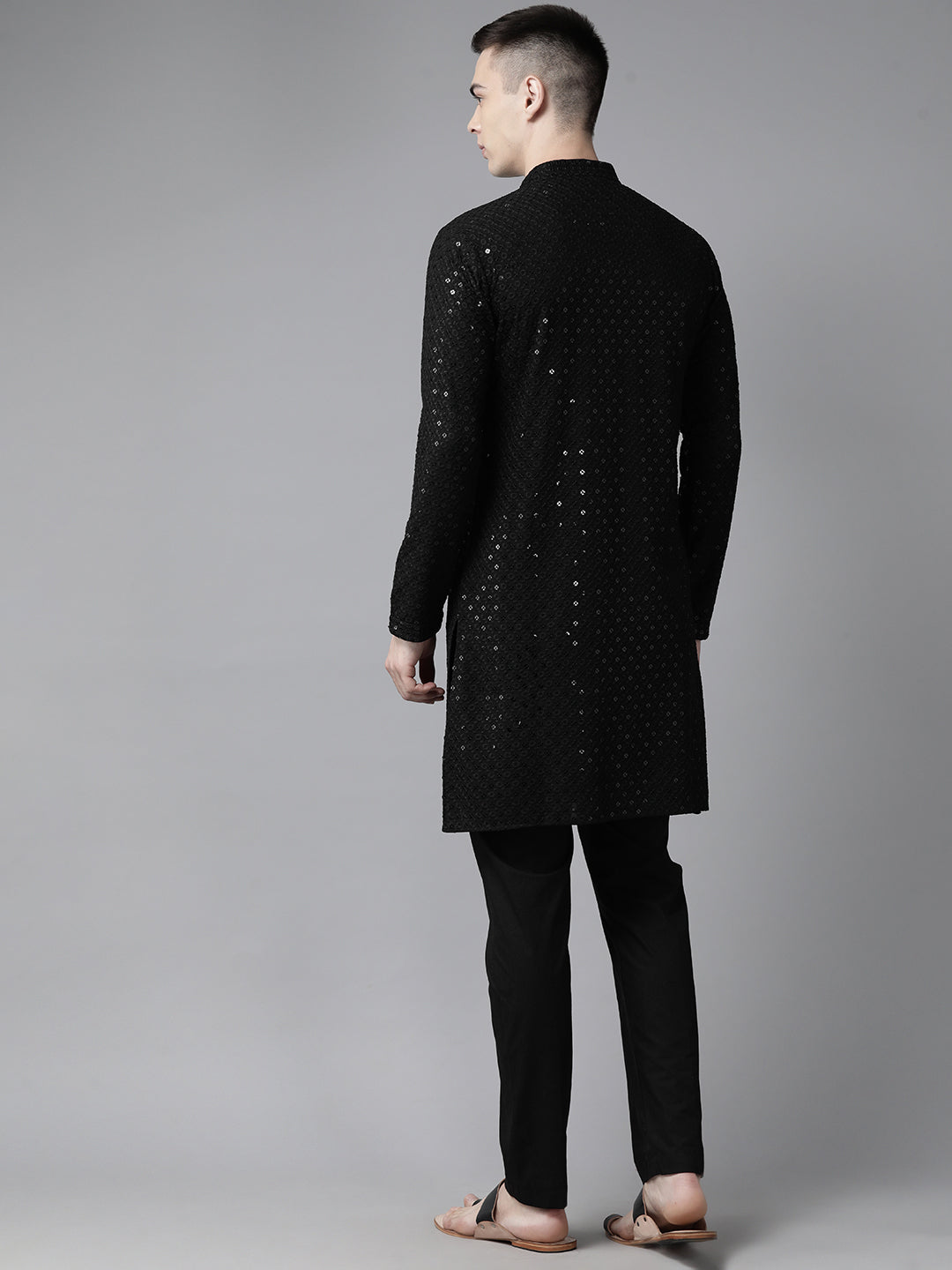 Men Black Floral Embroidered Sequins Rayon Kurta With pyjama