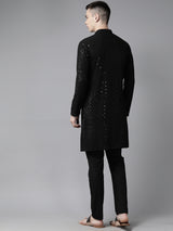 Men Black Floral Embroidered Sequins Rayon Kurta With pyjama