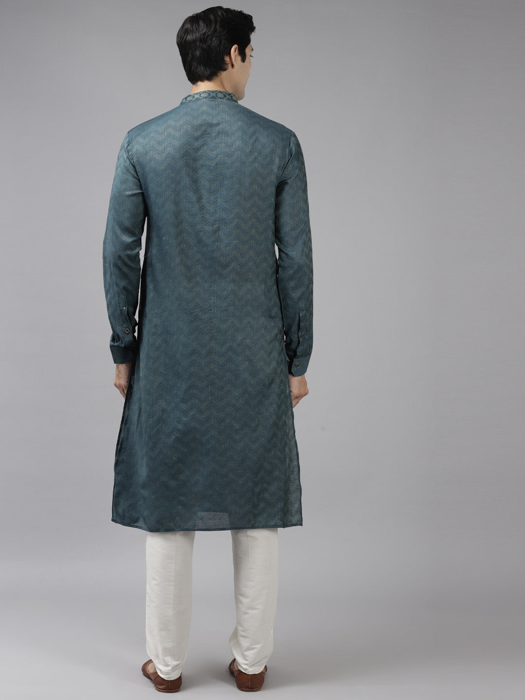 Men Teal & Beige Wave Woven Design Thread Work Kurta