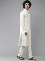 Men Elegant White Cotton Silk Straight Kurta With Pajama