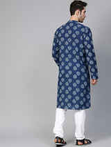 Riwaat.com Men Blue Indigo Hand Block Print Straight Sustainable Kurta Riwaat Printed