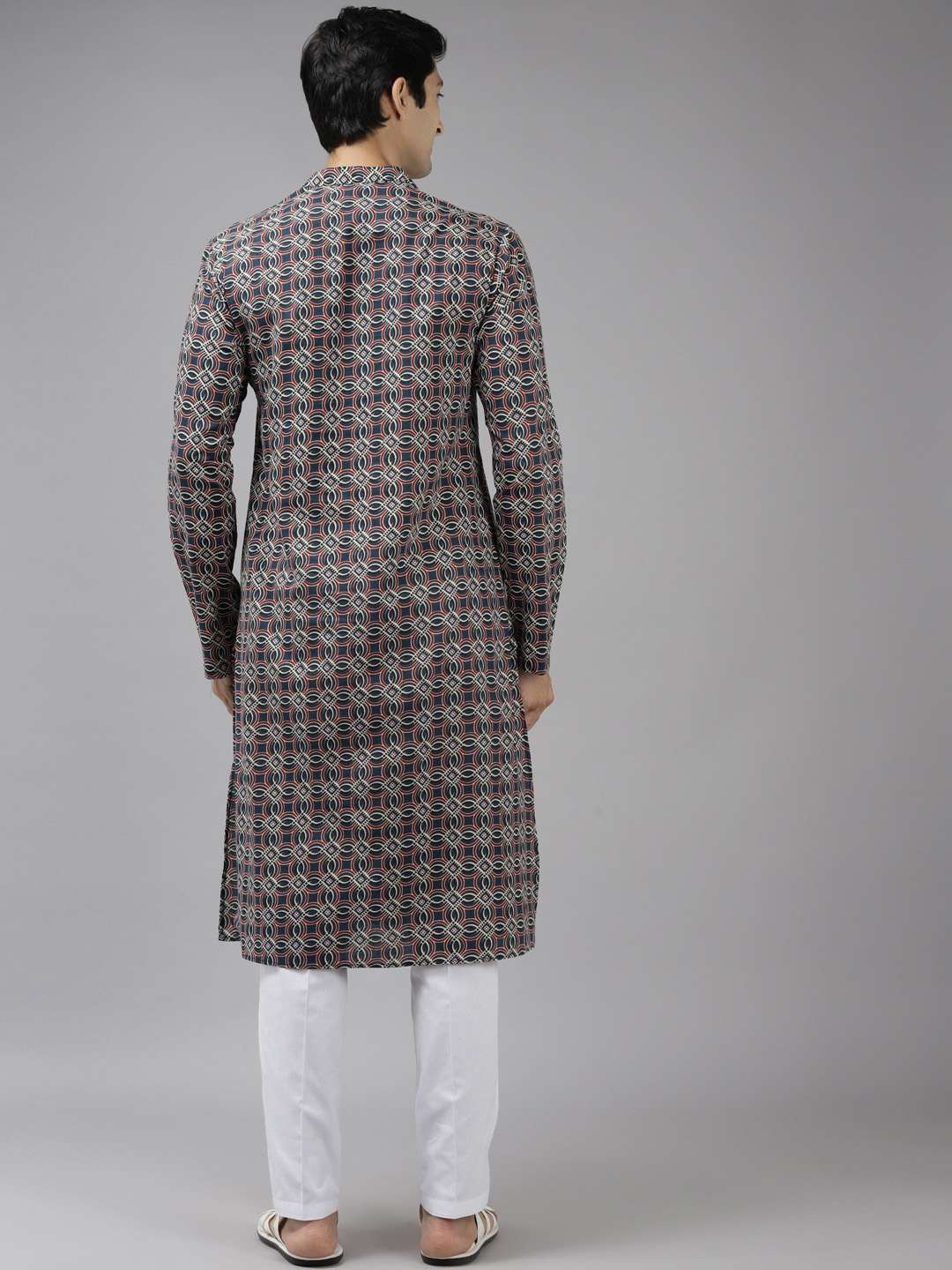 Men Blue And Beige Printed Thread Work Indigo Kurta