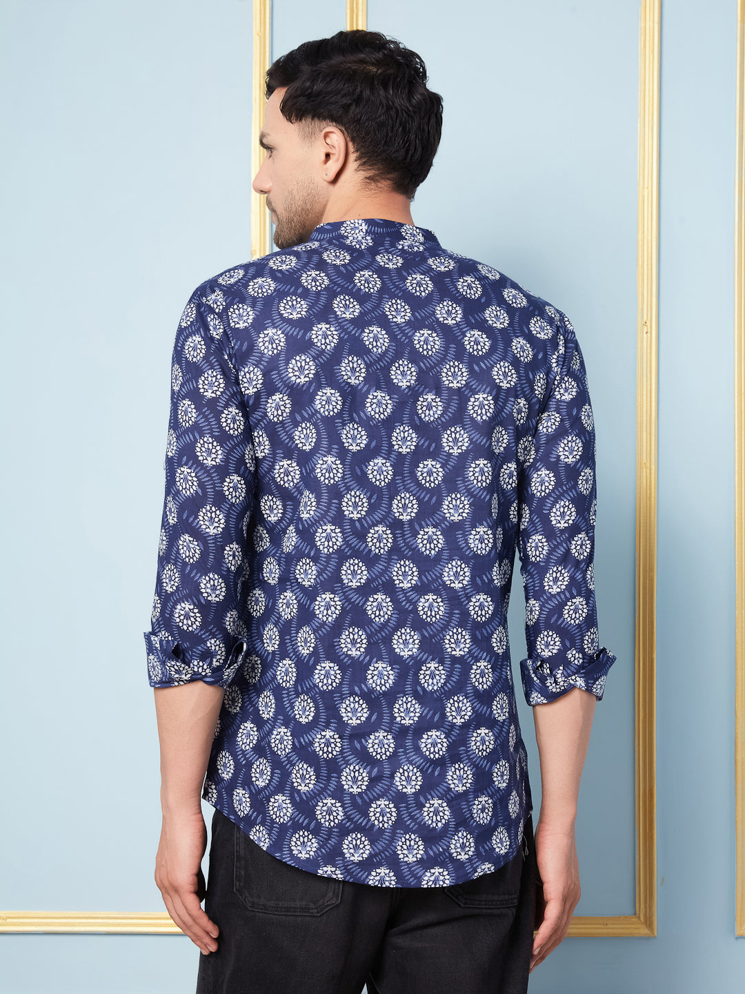 Men Blue White Indigo Printed Cotton Short Kurta