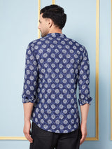 Men Blue White Indigo Printed Cotton Short Kurta