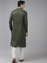 Men Green & Beige Wave Woven Design Thread Work Kurta