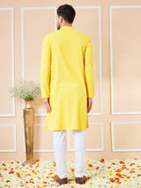 Men Yellow Floral Embroidered Sequins Rayon Kurta Set