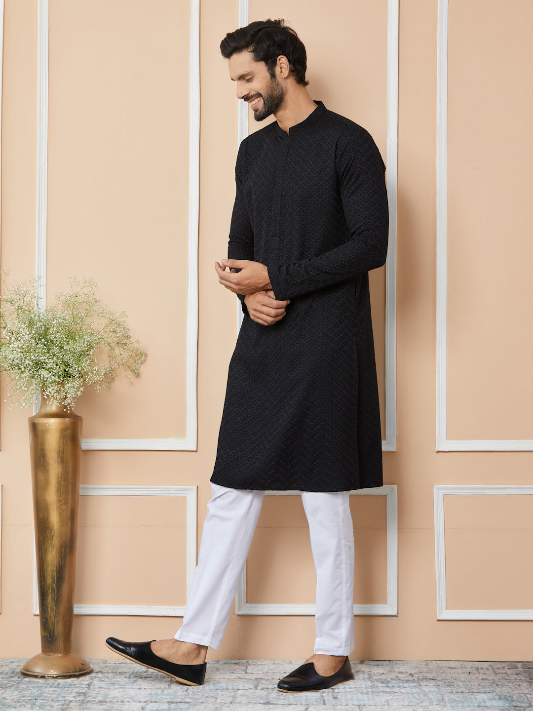 Black Embroidered Chikankari Rayon Straight Kurta