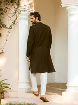 Men Jet Black with Silver Stripes Chanderi Silk Sequins Kurta With Pajama