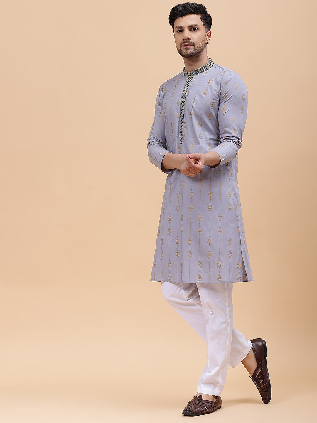 Men Grey & Gold Pure Cotton Embroidered Straight Kurta With pyjama