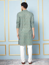 Men Green and White Printed Kurta With pyjama