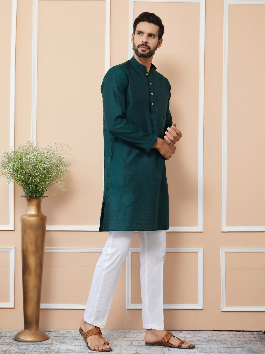 Dark Green Ethnic Motifs Silk Jacquard Woven Design Straight Kurta with Pyjama
