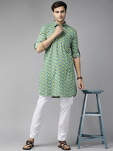 Men Green Regular Pure Cotton Pathani Printed Men's Kurta