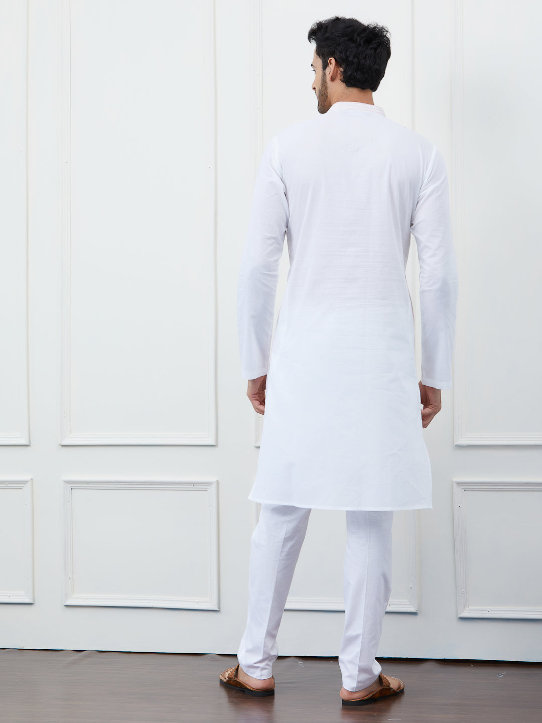 Men White with Blush Pink Striped Kurta and Pajama