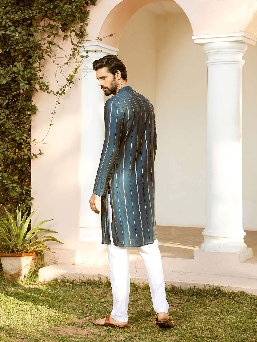 Men Teal And Gold Chanderi Silk Sequins Kurta With Pajama