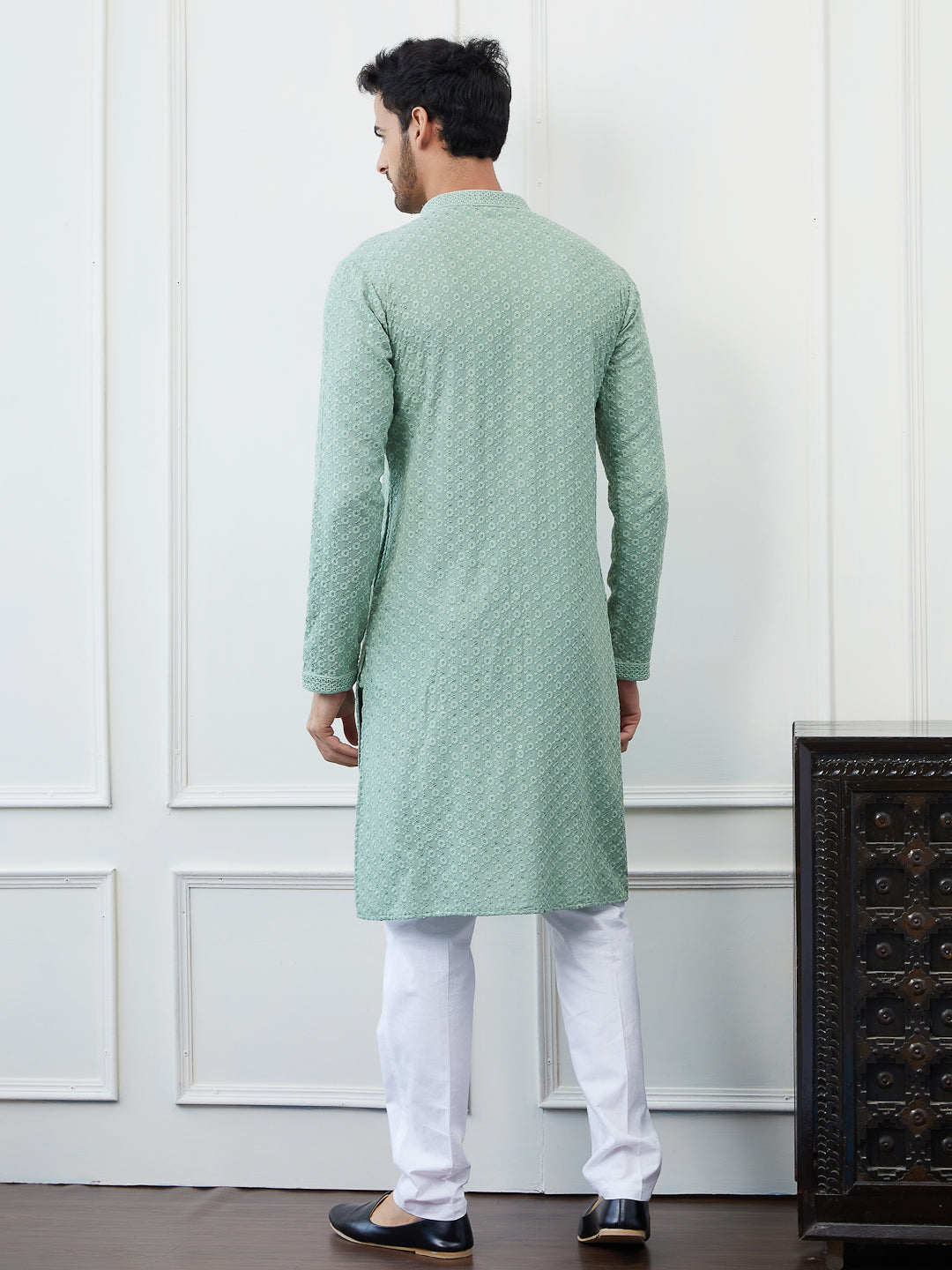 Men Pista Green Floral Embroidered Sequined Rayon Kurta & White Pajama