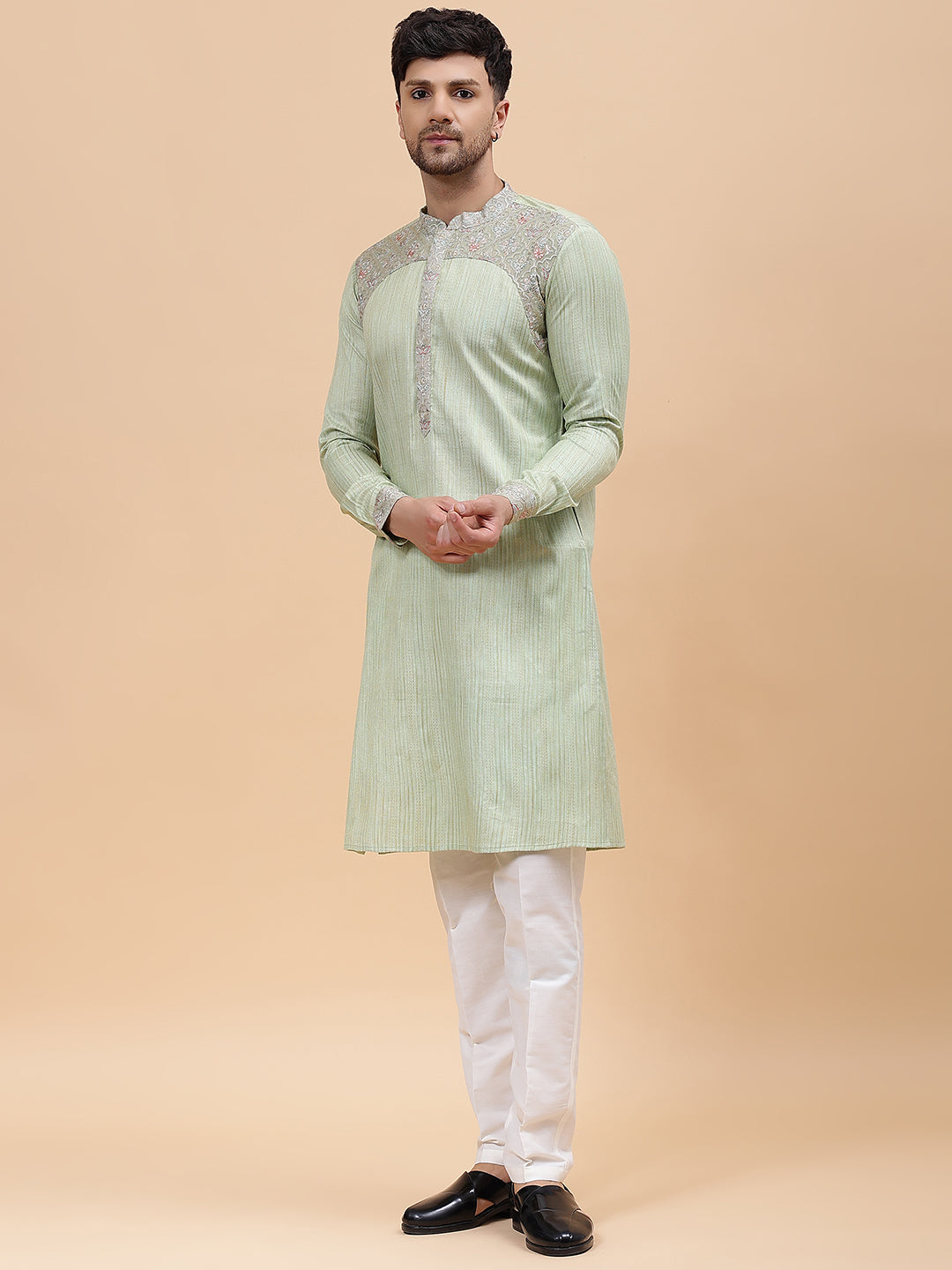 Men Lime Green & Grey Silk Woven Design Straight Kurta With pyjama