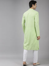 Men White & Lime Green Printed Pure Cotton Straight Kurta With Pajama