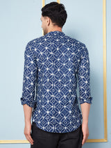Men Blue & White Printed Cotton Short Kurta
