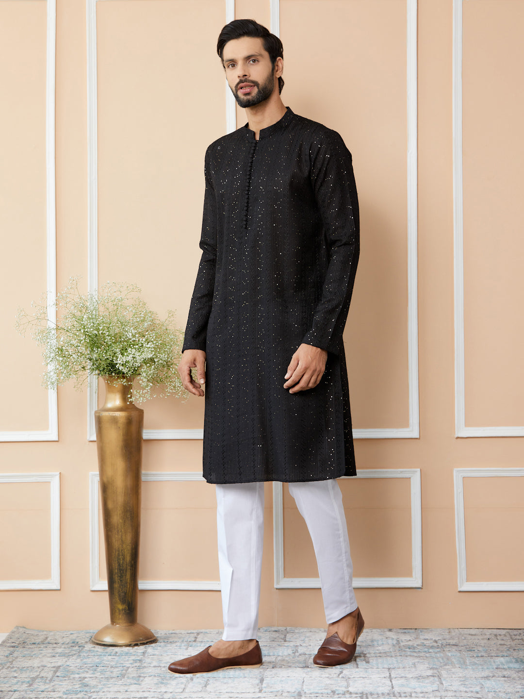 Black Embroidered Thread Work Sequinsed Chanderi Silk Straight Kurta with Pyjama