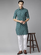 Men Teal Blue Regular Pure Cotton Pathani Printed Men's Kurta