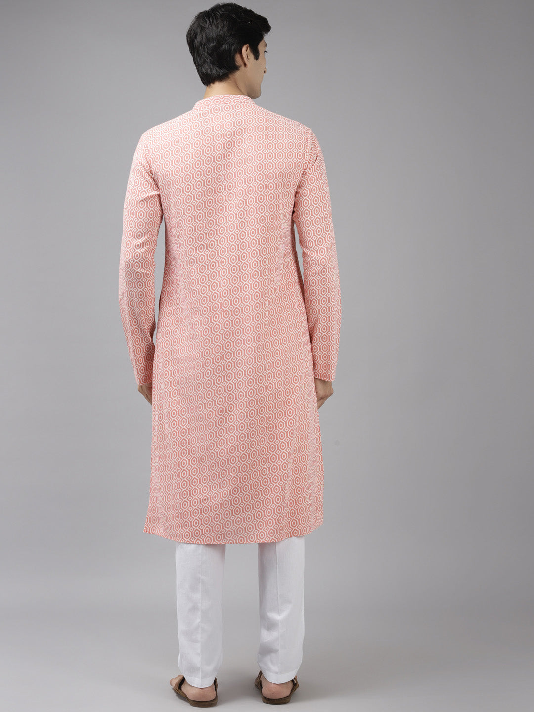 Men Peach & White Printed Pure Cotton Straight Kurta