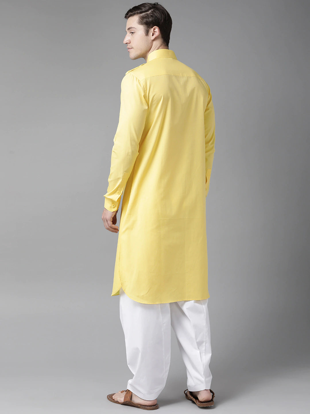 Riwaat.com Men Yellow Pathani Kurta with Salwar Riwaat Haldi Pathani Plain