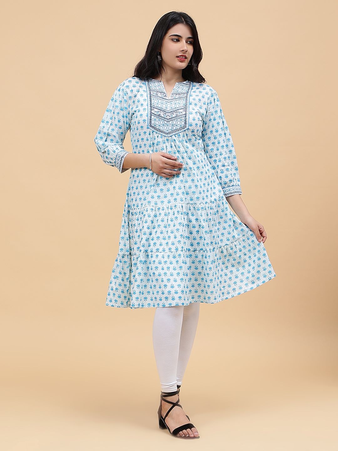 Women Light Blue with Blue Floral Pattern Yoke Design Embroidery Cotton Kurti